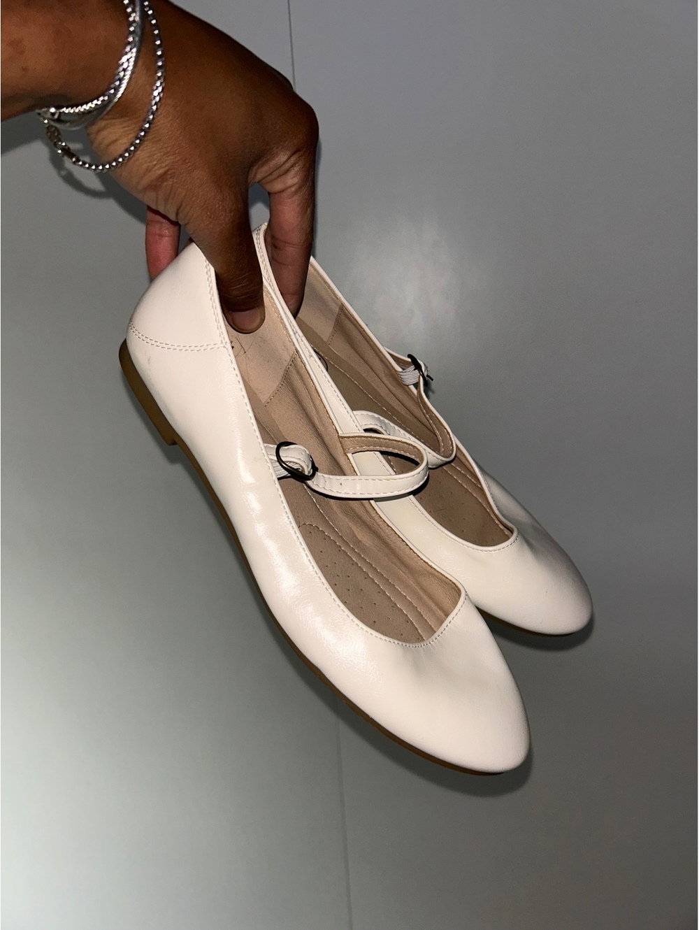 Women's White Mary Jane Flats with Buckle Strap